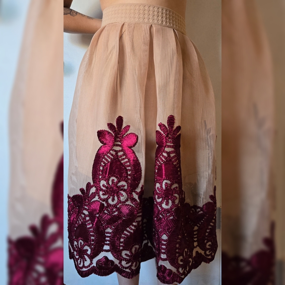 Blush Mesh Midi Skirt with Burgundy Embroidered Hem